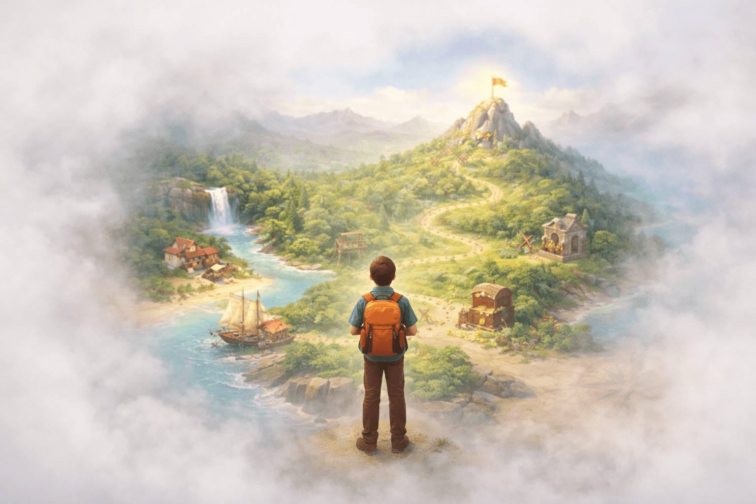 Student standing at the beginning of an adventure learning path, looking ahead at the journey with confidence