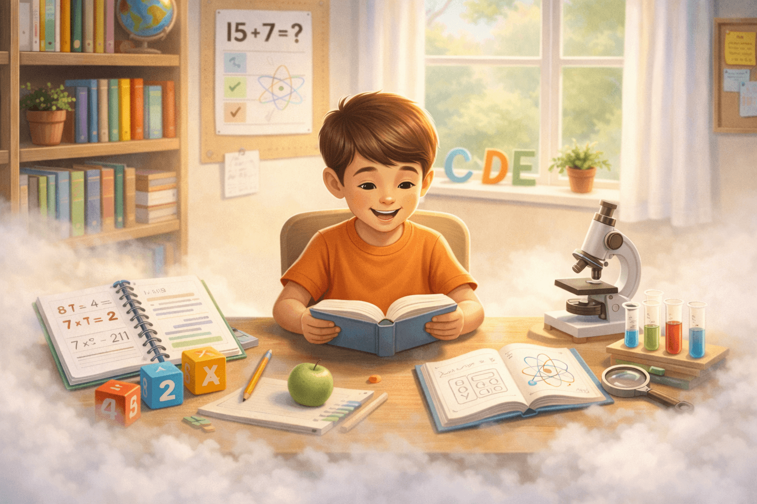 Happy boy learning independently at his homeschool desk surrounded by books and educational materials