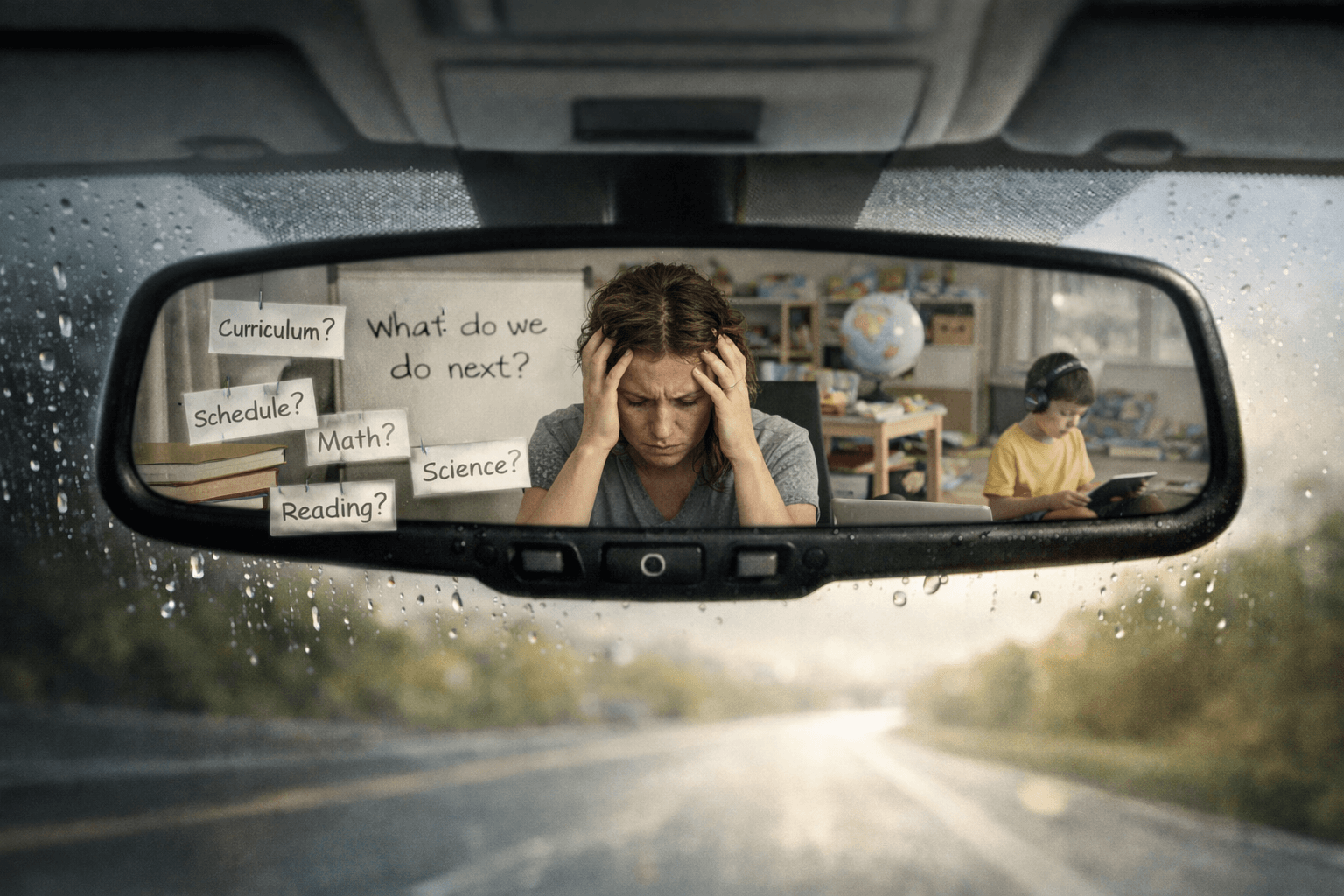 Overwhelmed homeschool parent in rearview mirror surrounded by questions about curriculum, schedule, and what to do next