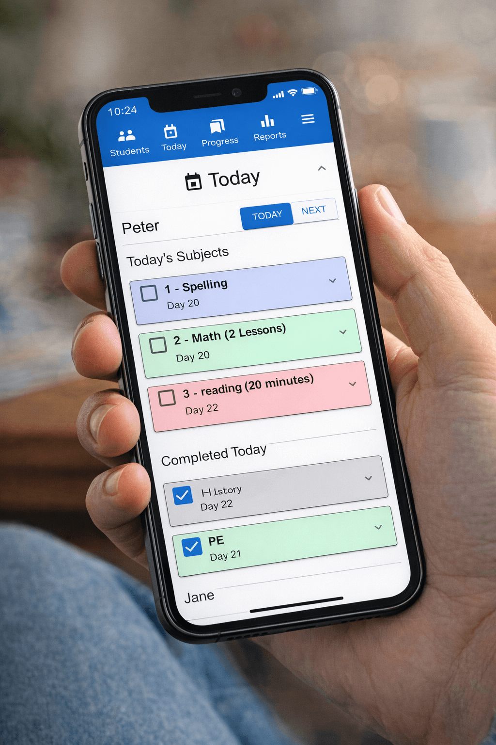 HomeRoute app on phone showing Today view with student subjects like Spelling, Math, and Reading with progress tracking